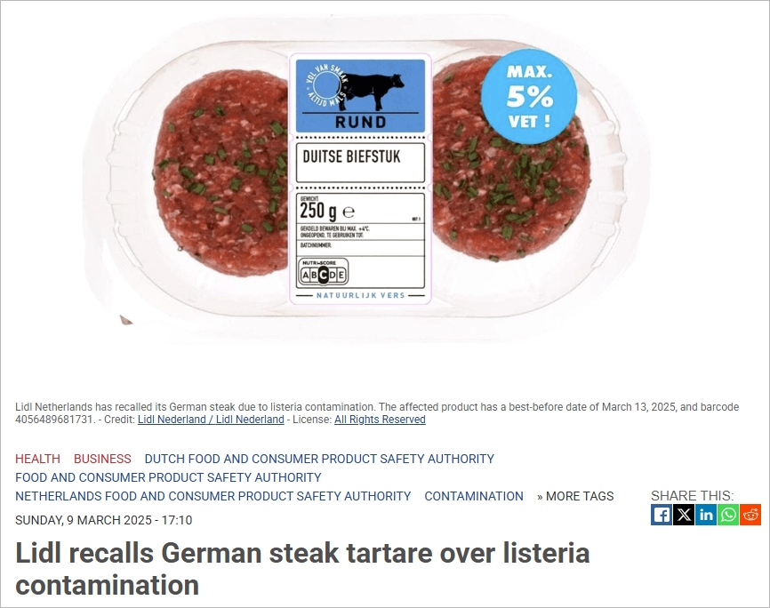 又有超市食品召回！Lidl这款牛肉含有李斯特菌，不要吃…
