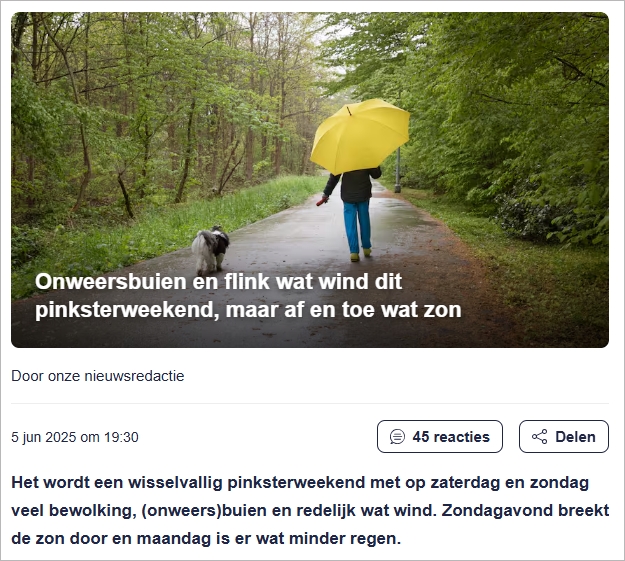 荷兰人要哭了！圣灵降临节假期或全毁！雷雨加大风还降温…