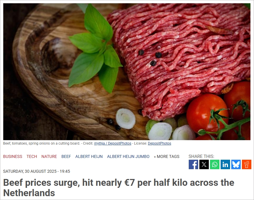 吃不起牛肉了？荷兰超市牛肉价格短时间暴涨40%，半公斤就要7欧元