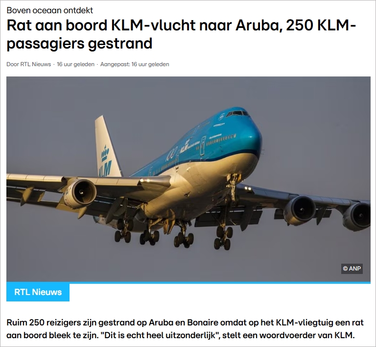 离谱！KLM航班上出现老鼠，返程取消，超250名旅客被困异国