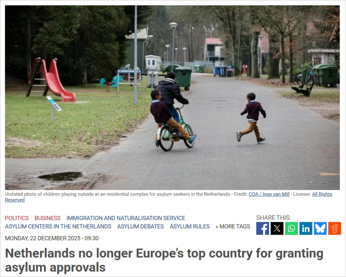 荷兰已大幅度收紧庇护审批，通过率已跌至欧盟第14位…
