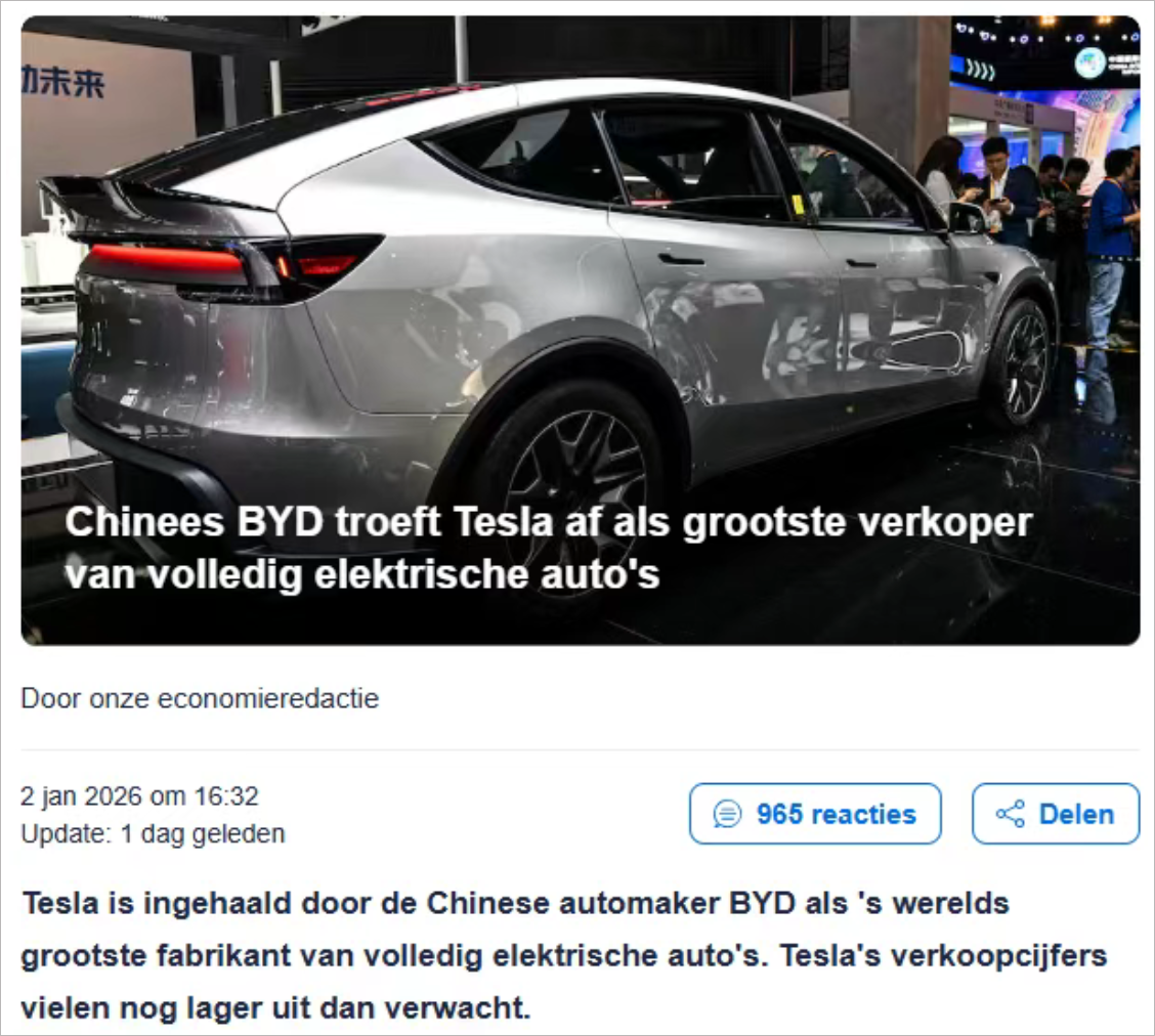 比亚迪超越特斯拉成全球销量第一，为什么在荷兰很少见到？