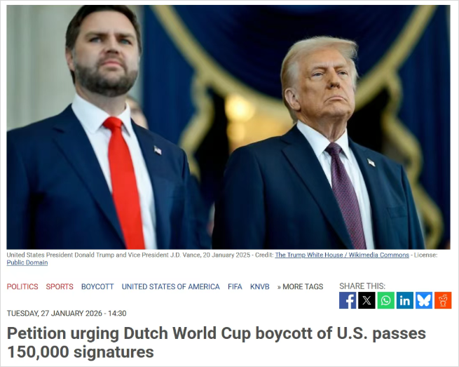 16万人请愿，要求荷兰国家队抵制美国世界杯，足协回应了