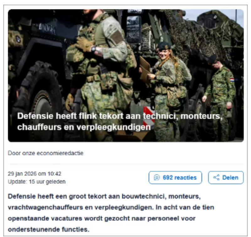 很急！荷兰国防部也来抢人了！技术工、司机、护士全都缺…