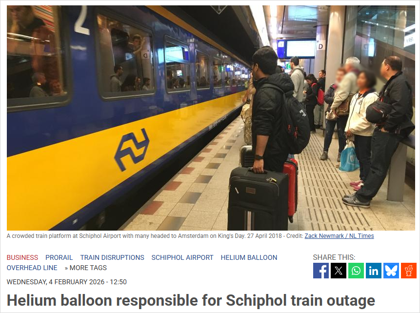 突发！荷兰史基浦铁路大瘫痪，原因竟然是因为一个气球…